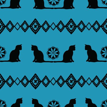 Black Cat, floral and diamond border vector repeat pattern. Fun horizontal cat pattern.のイラスト素材