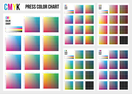 CMYK press color chart. Vector color palette, CMYK process printing match. Color management, quality control in print production. Cyan, magenta, yellow, black are base colors and others has been created combining them. To use in prepress and the press to choose color samples.のイラスト素材