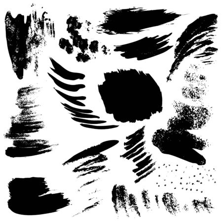 Set of black paint, ink splatters, grunge texture, brush strokes, brushes, blots, drops, splashes. Vector collection dirty artistic design elements, paintbrush, grunge silhouetteのイラスト素材