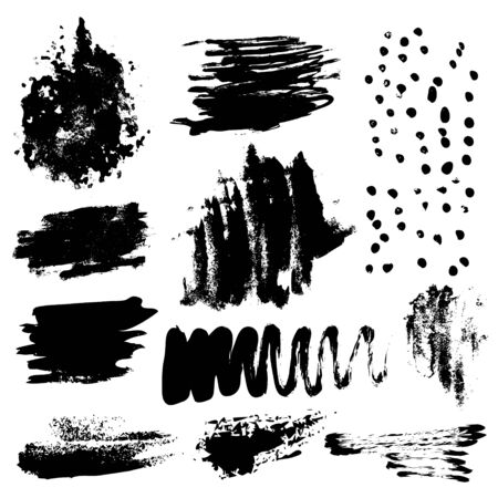 Set of black paint, ink splatters, grunge texture, brush strokes, brushes, blots, drops, splashes. Vector collection dirty artistic design elements, paintbrush, grunge silhouetteのイラスト素材