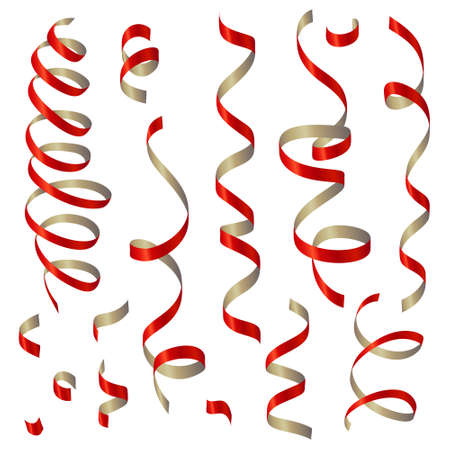 Red shiny gradient twisted ribbons set. Decoration for carnival party, holiday event, birthday, Valentines day, New Year, Christmas, Wedding ceremony. Vector illustrationのイラスト素材