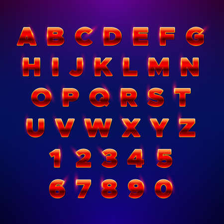 Red festive alphabet. Glowing font with shiny bright lights. Vector shiny Alphabet Letters and Numbers. Luxury stylish font for greeting cards, invitations, postersのイラスト素材