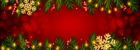 Christmas and New Year red background with realistic pine branches, candy canes, serpentine, glitter gold snowflake.のイラスト素材