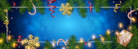 Christmas blue background with realistic pine branches, shining garlands, gifts box, candy, glitter gold snowflakes, tinsel. Template for Christmas and New Year greeting card, poster, postcard, bannerのイラスト素材