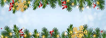 Christmas and New Year background with realistic pine branches, candy canes, serpentine, glitter gold snowflake. Template greeting card, poster, postcard, banner for winter and new year holidaysのイラスト素材