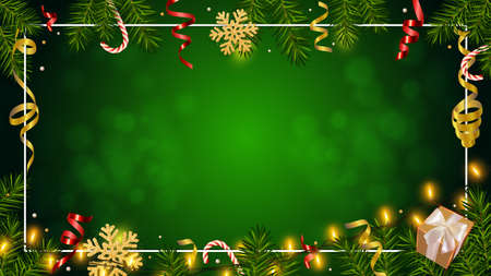 Christmas green background with realistic pine branches, shining garlands, gifts box, candy, glitter gold snowflake, tinsel. Template for Christmas and New Year greeting card, poster, postcard, bannerのイラスト素材