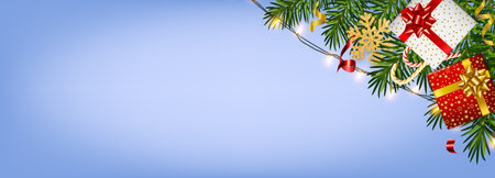 Christmas and New Year background with realistic pine branches, candy canes, serpentine, gifts boxes, glitter gold snowflake. Template for Christmas and New Year greeting card, posters, bannersのイラスト素材