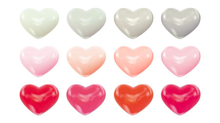 Set of realistic ceramic hearts for Valentines Day isolated on white background. Romantic symbol of love with shiny heart shape. Vector illustrationのイラスト素材