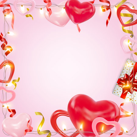 Valentines day background with pink and red hearts, shining garlands, gifts box, tinsel. Cute romantic composition for greeting card, flyer, banner, wedding invitationのイラスト素材