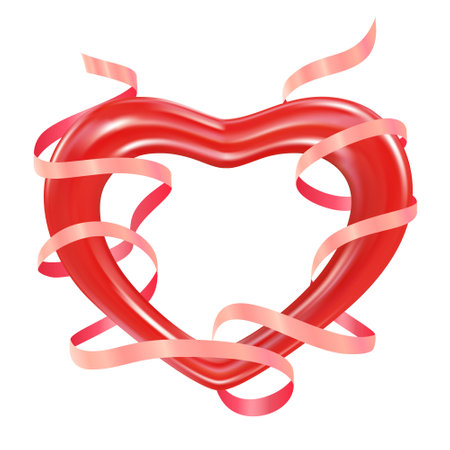 Red heart with a pink ribbon wrapping around it. Cute romantic composition for Valentines day greeting card, wedding invitations, flyers, banners. Vector illustrationのイラスト素材