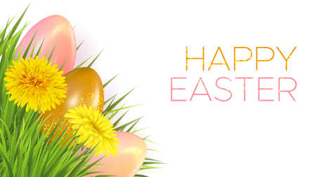 Happy Easter background with realistic easter eggs and dandelions. Template for invitation card,...