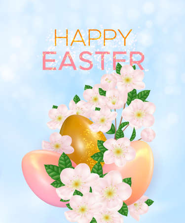 Easter light blue background with realistic easter eggs and cherry blossoms. Template for invitation, banner, poster with easter eggs, spring flowers and inscription Happy Easter. Vector illustrationのイラスト素材