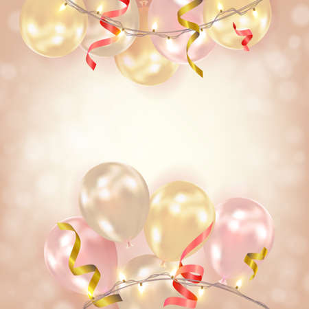 Festive background with realistic gold, red, pink air balloons, shining garlands, tinsel. Holiday design for party, birthday, anniversary, wedding. Vector illustrationのイラスト素材