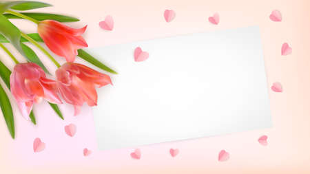 Composition of realistic tulips and paper hearts on pink background. Bouquet of tulips buds with paper card. Template for invitation card, banner, poster with spring flowers. Vector illustrationのイラスト素材