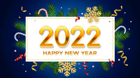 New Years background with golden numbers 2022, realistic pine branches, glitter gold snowflakes and tinsel. New Years and Christmas poster, greeting card, bannerのイラスト素材