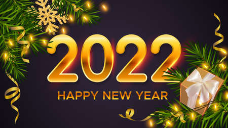 2022 New Year background with golden numbers 2022, realistic pine branches, gifts box, glitter gold snowflakes and tinsel. New Years and Christmas poster, greeting card, bannerのイラスト素材