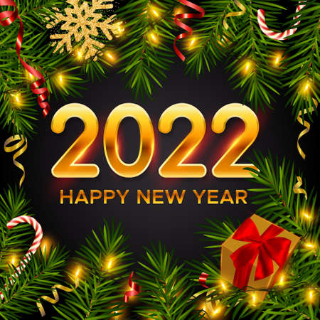 2022 New Year background with realistic pine branches, shining garlands, gifts box, candy canes, serpentine, glitter gold snowflake. New Years and Christmas holiday event party decorのイラスト素材