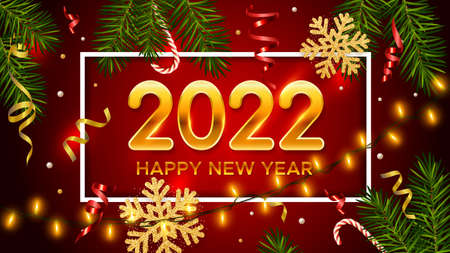 New Years and Christmas red background with golden numbers 2022, realistic pine branches, candy, glitter gold snowflakes and tinsel. New Years and Christmas holiday event party decorのイラスト素材
