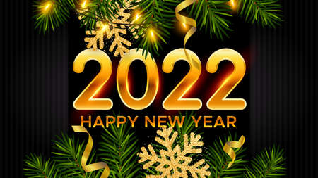 2022 New Year background with golden numbers 2022, realistic pine branches, shining garlands, glitter gold snowflakes and tinsel. New Years and Christmas poster, greeting card, bannerのイラスト素材