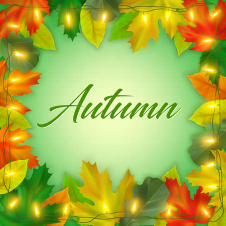 Autumn background with maple and oak leaves, shining garland and inscription Autumn. Autumn composition of realistic color fall leaves. Vector illustrationのイラスト素材