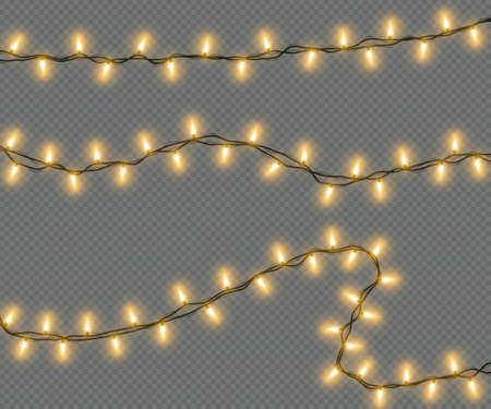 Christmas lights isolated on a transparent background. Christmas electric garland of yellow light bulbs. Glowing lights for Christmas greeting card design, holiday decorations. Vector illustrationのイラスト素材