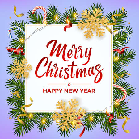 Christmas and New Year background with Merry Christmas lettering, realistic pine branches, shiny golden snowflakes, candy canes, glowing garlands and tinsel. New Year card, postcard, bannerのイラスト素材