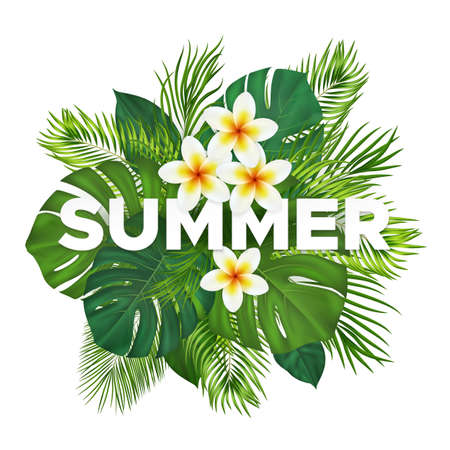Summer tropical composition with green palm leaves and flowers. Exotic botanical design with jungle plants and inscription Summer for invitation, banner, poster. vector illustrationのイラスト素材