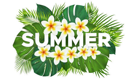 Summer tropical composition with green palm leaves and flowers. Exotic botanical design with jungle...