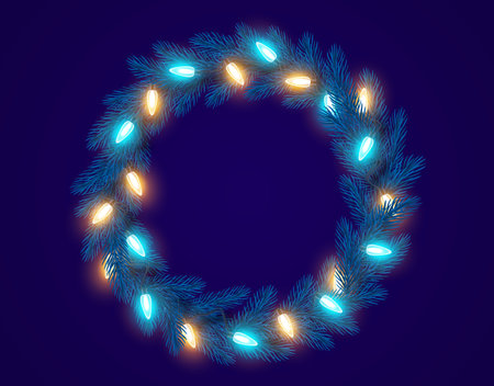Christmas wreath of realistic fir tree branches on a blue background. Spruce branches frame for greeting New Year and Christmas cards, banners, invitations. vector illustrationのイラスト素材