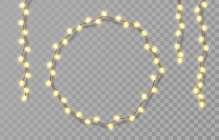 Electric garlands with yellow light bulbs. Christmas lights isolated on transparent background. Holiday decorations with glowing lights for Christmas, New Year, party, event. Vector illustrationのイラスト素材