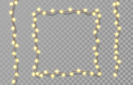 Electric garlands with yellow light bulbs. Christmas lights isolated on transparent background. Holiday decorations with glowing lights for Christmas, New Year, party, event. Vector illustrationのイラスト素材