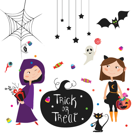 Halloween card in the cartoon fun style with some characters and elements.のイラスト素材