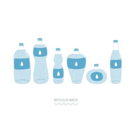 Flat style. Set of bottles of water. Icons. Use for card, poster, brochure, banner, web design. Eps10のイラスト素材