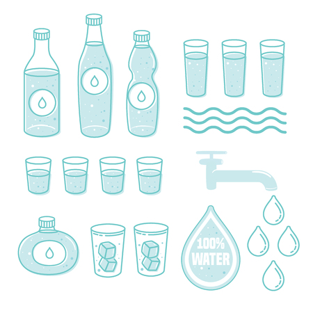Flat style. Set of bottles of water. Icons. Use for card, poster, brochure, banner, web design. Eps10のイラスト素材