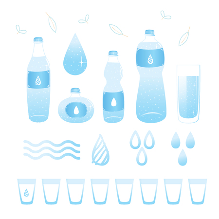 Flat style. Set of bottles of water. Icons. Use for card, poster, brochure, banner, web design. Eps10のイラスト素材