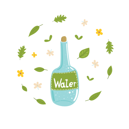 Bottle of water with fresh leaves. Health clean water in the flat style.Good for cards, invitations, web, apps.のイラスト素材