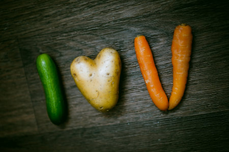 Top view of âI love veggieâ organic food sign with a heart shaped raw potato on a natural brown wooden backgroundの写真素材
