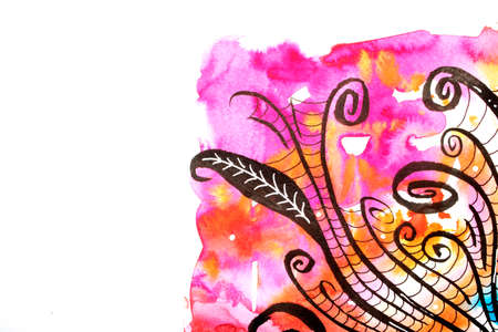 Unique Vibrant Abstract Watercolour and Ink Illustration of Summer Floral Flowers on White...