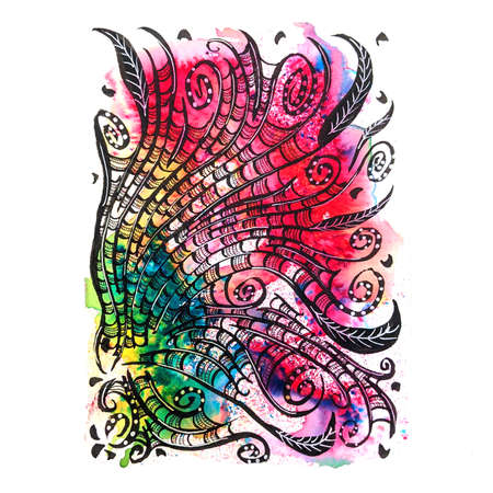 Unique Vibrant Abstract Watercolour and Ink Illustration of Summer Floral Flowers on White...