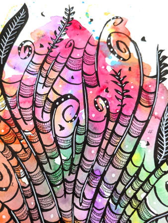 Unique Vibrant Abstract Watercolour and Ink Illustration of Summer Floral Flowers on White...