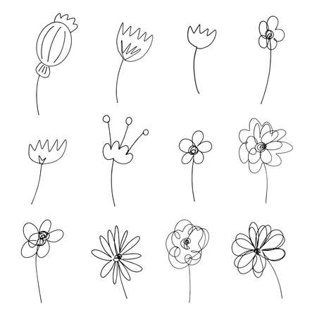 Flowers and Leaves Doodle Illustration Icon Collection in Vector Formatのイラスト素材
