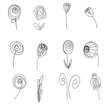 Flowers and Leaves Doodle Illustration Icon Collection in Vector Formatのイラスト素材