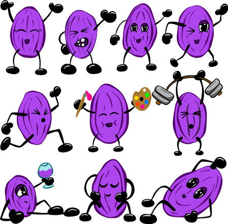 Cartoon Collection of Raisin Berry Characters Drinking Wine Pumping Weights and Being Artisticのイラスト素材