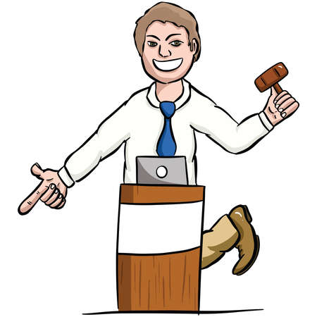 Caricature of an Auctioneer Auctioning Items in a Cartoon Funny Illustration Styleのイラスト素材