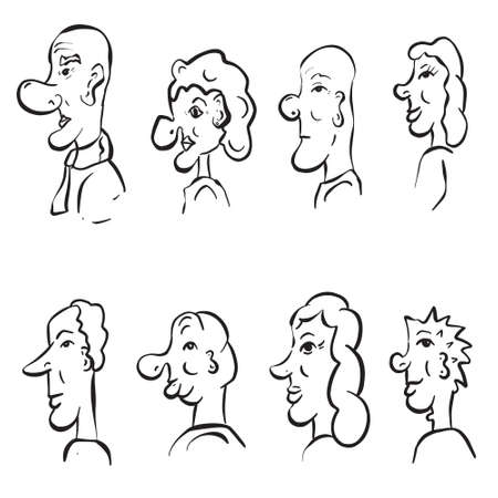 Funny Cartoon Comic Characters of Men and Women in Profile Illustrationのイラスト素材