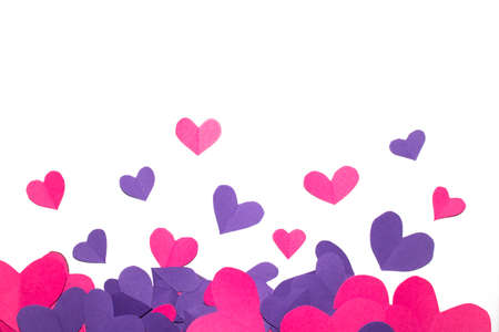 A Pink and Purple Paper Love Hearts Cut Out on White Background for Valentines Day or Weddings