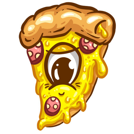 Illustration of a slice of pizza with eyes and mouth on a white backgroundのイラスト素材