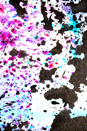 A Black Ink Splatters and Spill on A Vibrant Rainbow Colour Watercolor Background Abstrct Paint