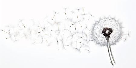 Dandelion seeds flying in the wind on a white background.の素材