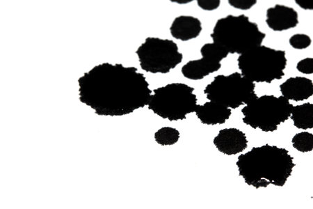 Black Messy Creative Ink Splatters Blots and Blobs  and Inkblot Close Up on White Backgroundの写真素材